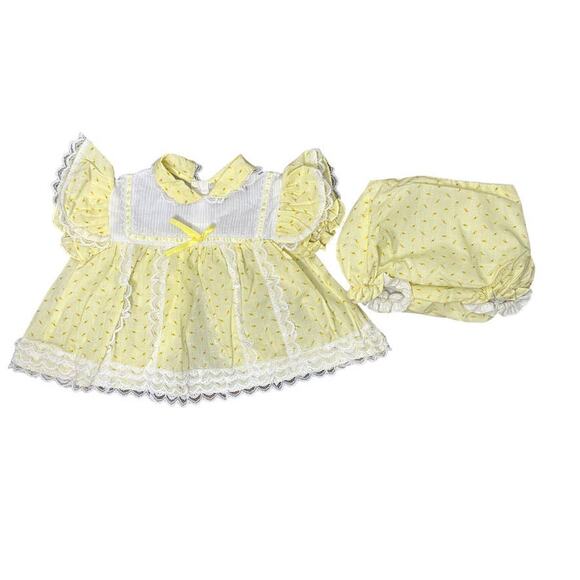 Vintage Cradle Tops Yellow & White Lace Floral Print Dress & Bloomers 12 Months - Picture 1 of 12
